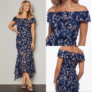 Xscape Midi Raised Floral Embroidered Lace Off-the-Shoulder Navy Mermaid Gown